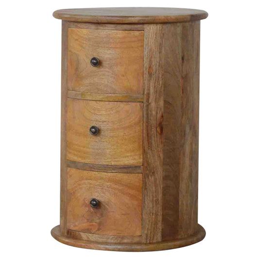 3 Drawer Drum Chest by Maple Manor in light brown mango wood with three drawer fronts and round knobs