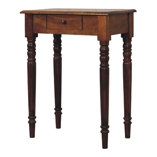 Chestnut Writing Desk Turned Leg by Maple Manor, solid wood desk with turned legs and a center drawer.