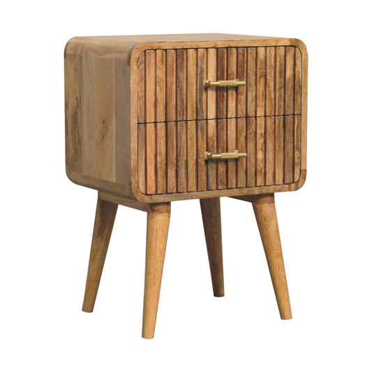 Oak ish solid wood bedside table with two closed drawers and set on a white background.