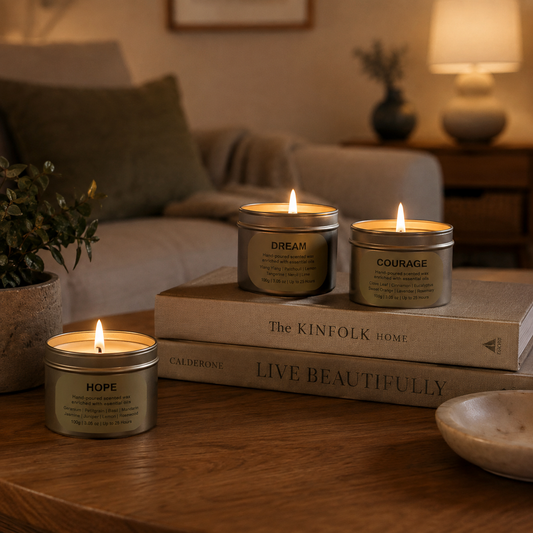 Set of three scented soya wax candles grouped at different heights on a wooden coffee table in the evening.