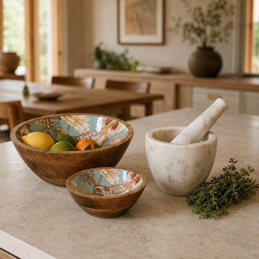 Solid mango wood carved bowl set and white marble pestle and mortar styled on an open-plan kitchen worktop.