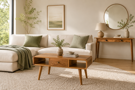 Warm Organic Modern living room styling featuring solid mango wood coffee table and writing desk by Maple Manor Living