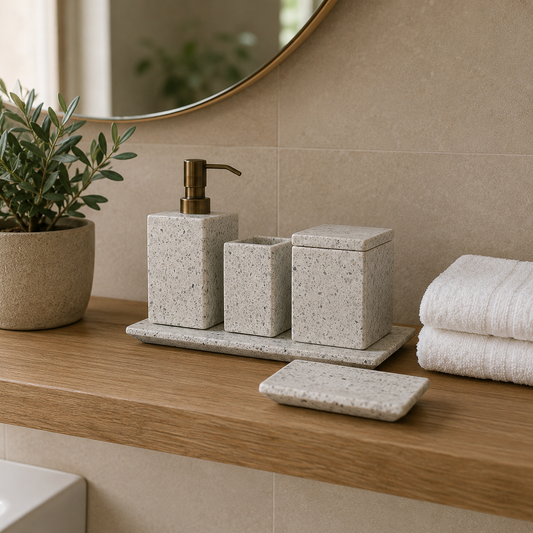 Polished white marble 5-piece bathroom accessory set with bronze-toned dispenser styled on a bathroom shelf.