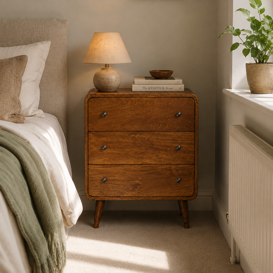 Solid chestnut mango wood mini chest of drawers with curved front styled in a small UK box room.
