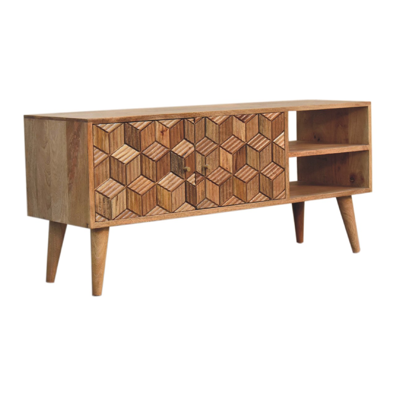 Media Unit - Botanic by Maple Manor media unit in solid wood with carved botanical doors and open shelving