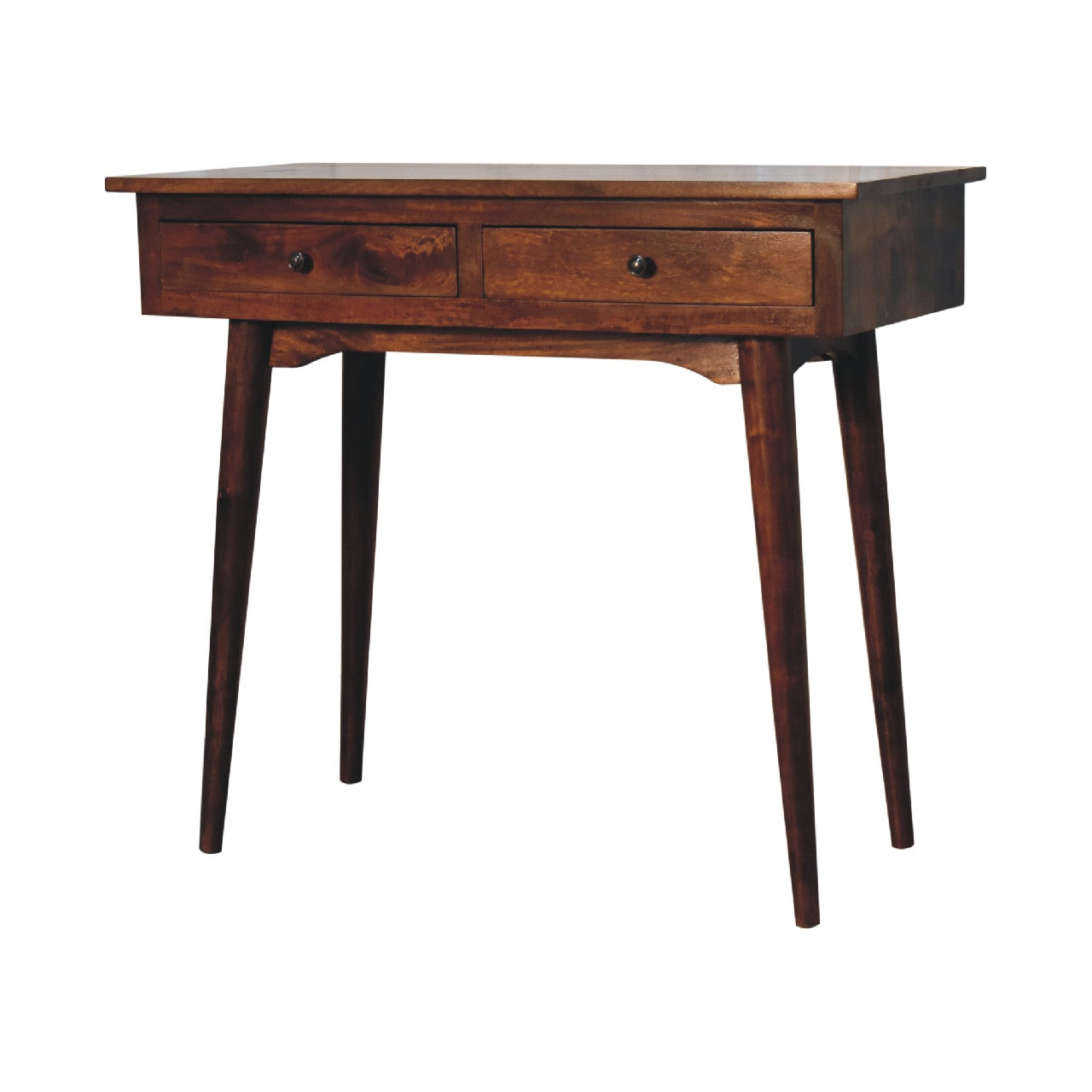 Chestnut Console Table 2 Drawer by Maple Manor with two drawers in mango wood on tapered legs