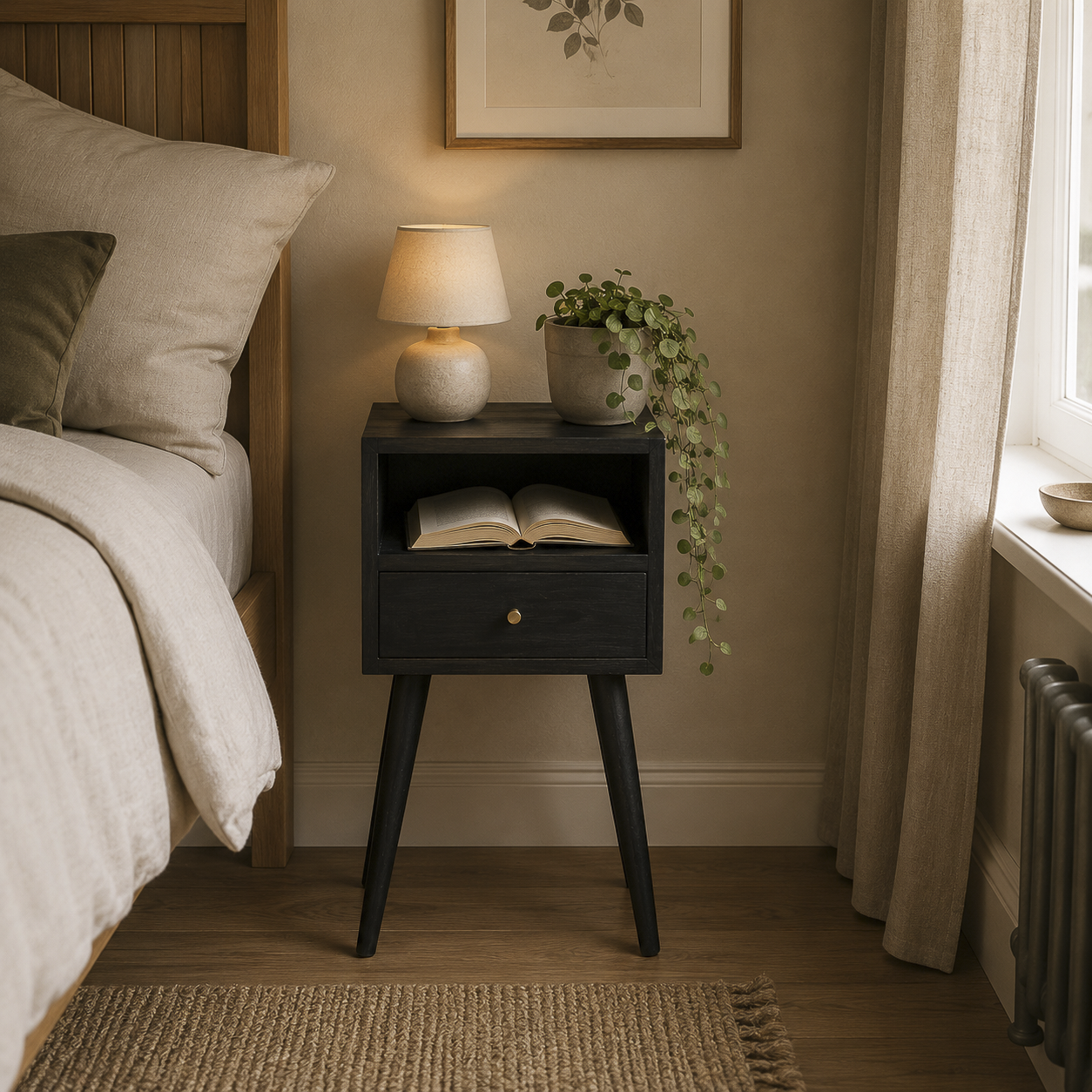 Ash black solid wood bedside table with open shelf styled against warm neutral bedroom tones
