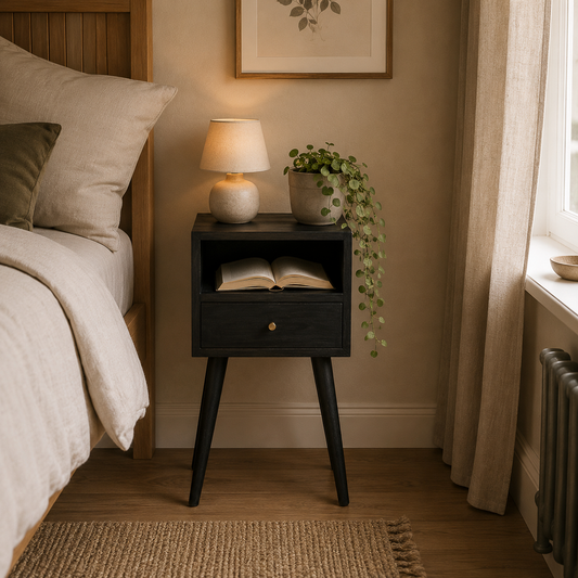 Ash black solid wood bedside table with open shelf styled against warm neutral bedroom tones
