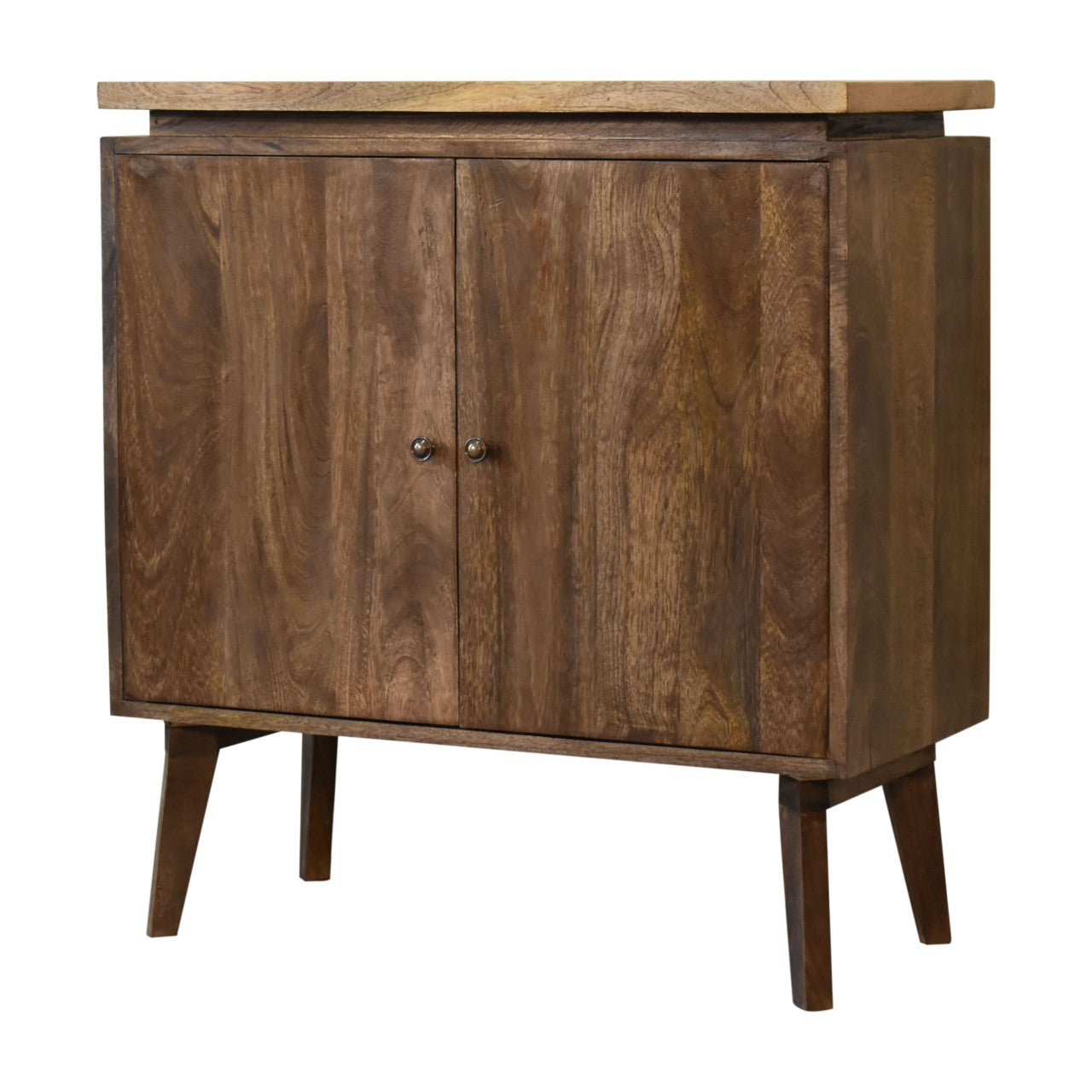 Cabinet - Platform by Maple Manor with solid wood, mango-brown finish, two-panel doors and metal knobs.