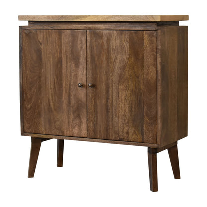 Cabinet - Platform by Maple Manor with solid wood, mango-brown finish, two-panel doors and metal knobs.