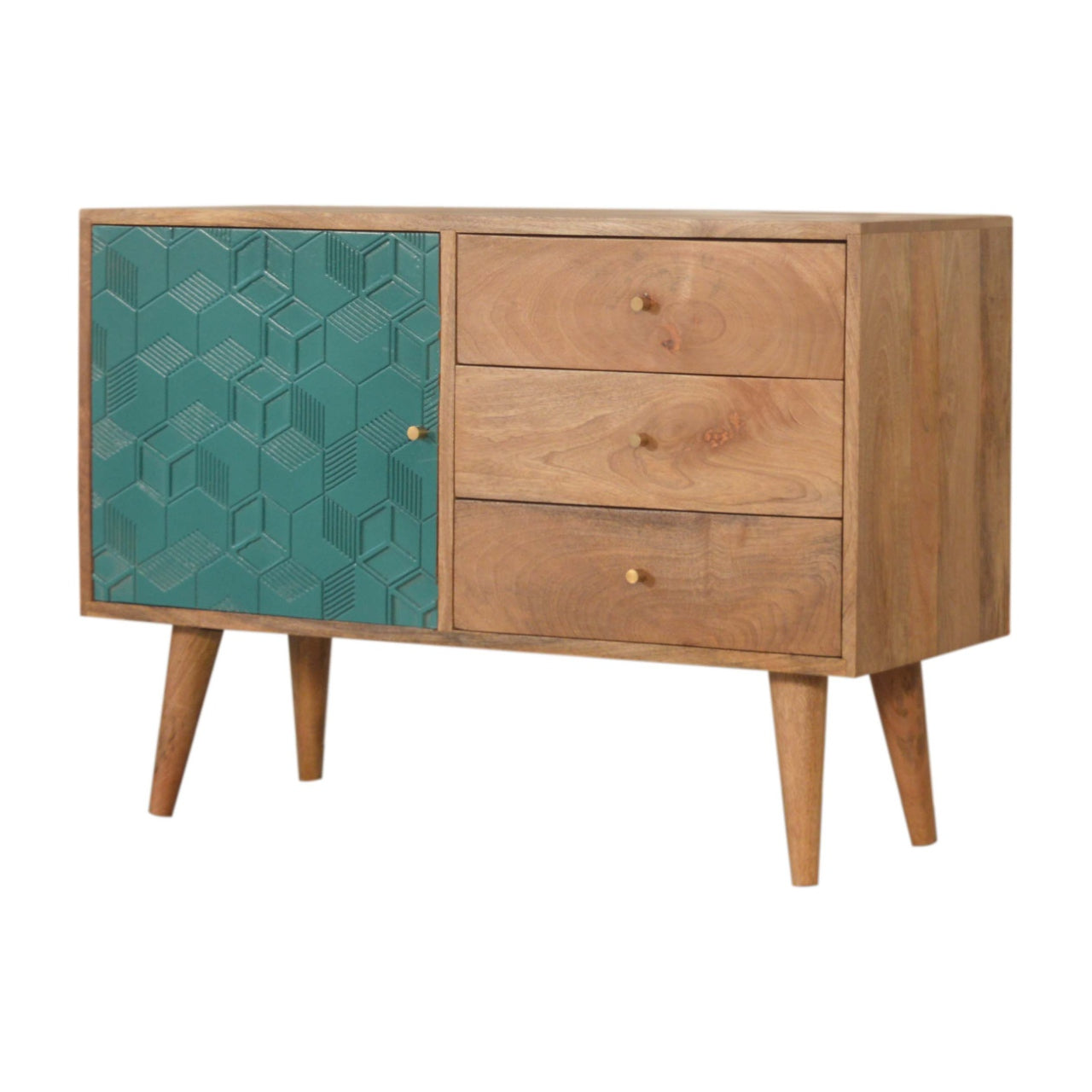 Cabinet with Drawers - Acadia Teal by Maple Manor, mango wood sideboard with teal drawer front and knobs