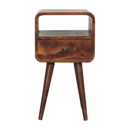 Chestnut mango wood bedside table with one drawer and open shelf on a white background