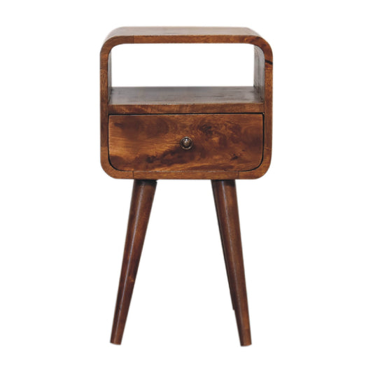 Chestnut mango wood bedside table with one drawer and open shelf on a white background
