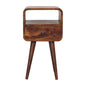 Chestnut mango wood bedside table with one drawer and open shelf on a white background