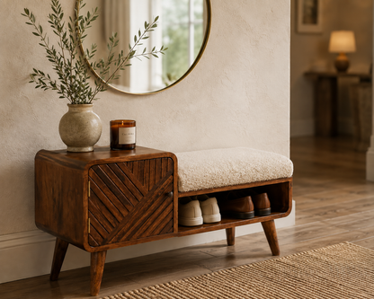 Chestnut Shoe Bench - Boucle Carved