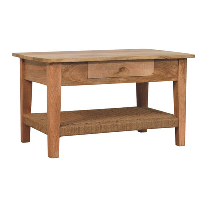 Coffee Table with 2 Drawers - Rope by Maple Manor with mango-wood finish and rope-textured lower shelf.