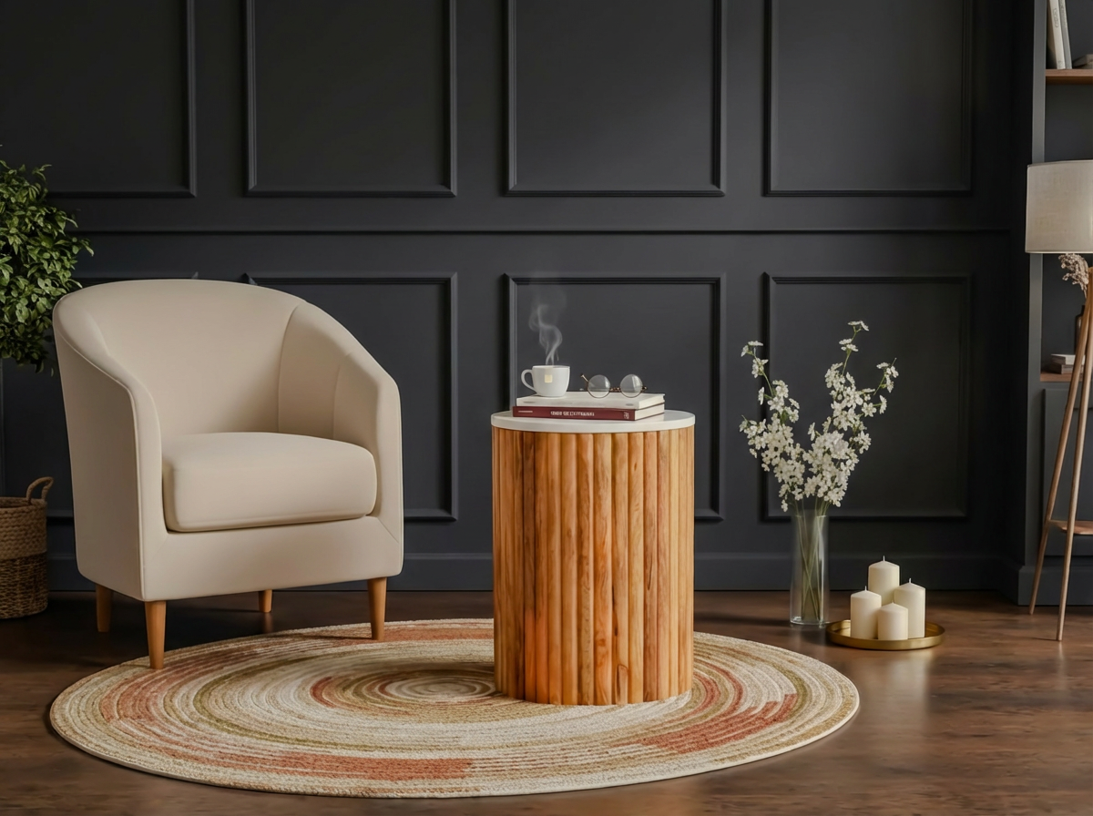 Beige armchair in a room with a wooden side table, round rug, and dark paneled walls.