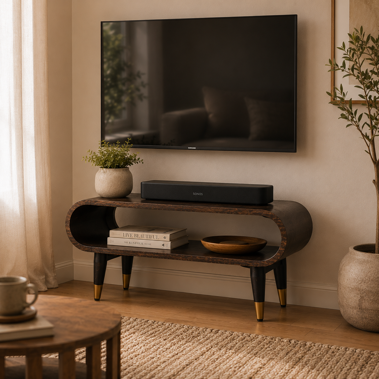 A modern curved wooden TV stand with dark legs and gold-toned metal feet, styled in a living room setting with a flat-screen TV, a soundbar, books, and decorative plants.