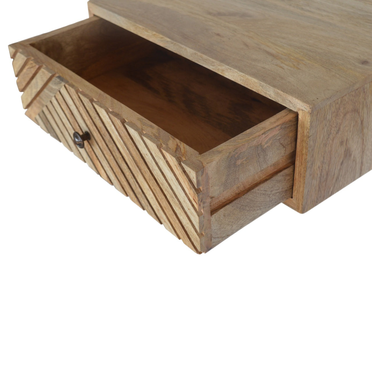 Oak Floating Bedside table full view with open line carved draw 