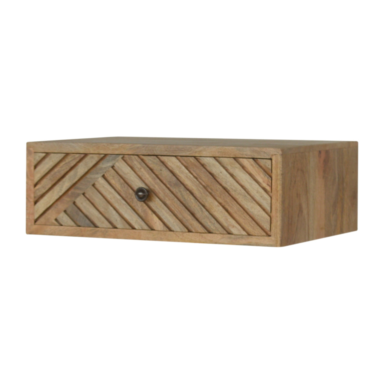 Oak Floating Bedside table full view with closed line carved draw on white background