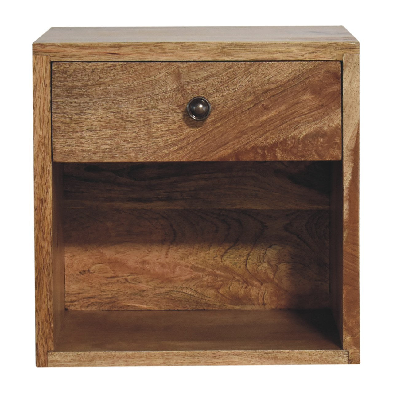 floating oak bedside table front face with draw and shelf 