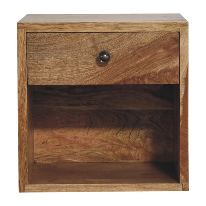 floating oak bedside table front face with draw and shelf 