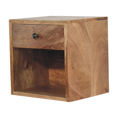 oak bedside table full view with draw and shelf