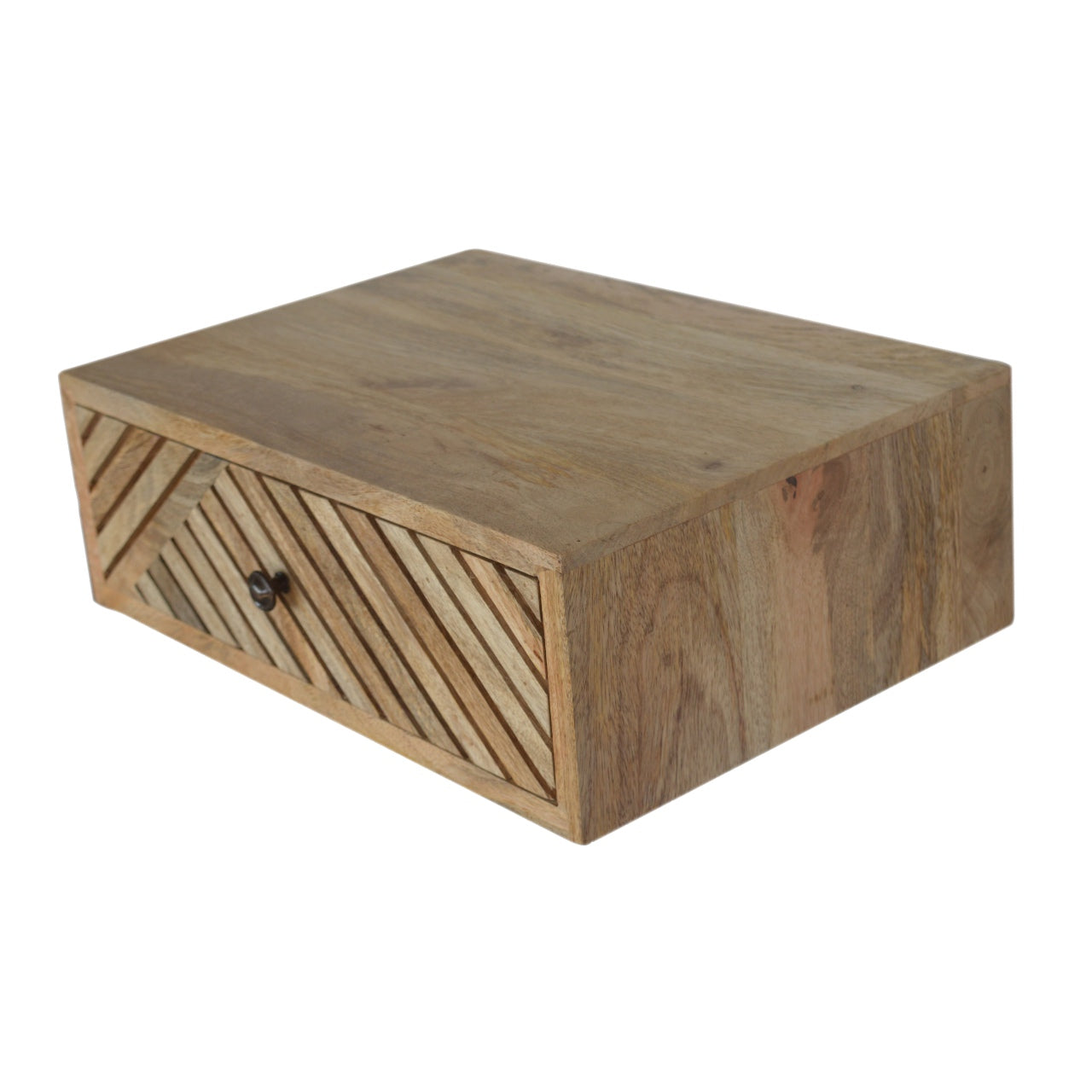 Oak Floating Bedside table view view with line carved draw 