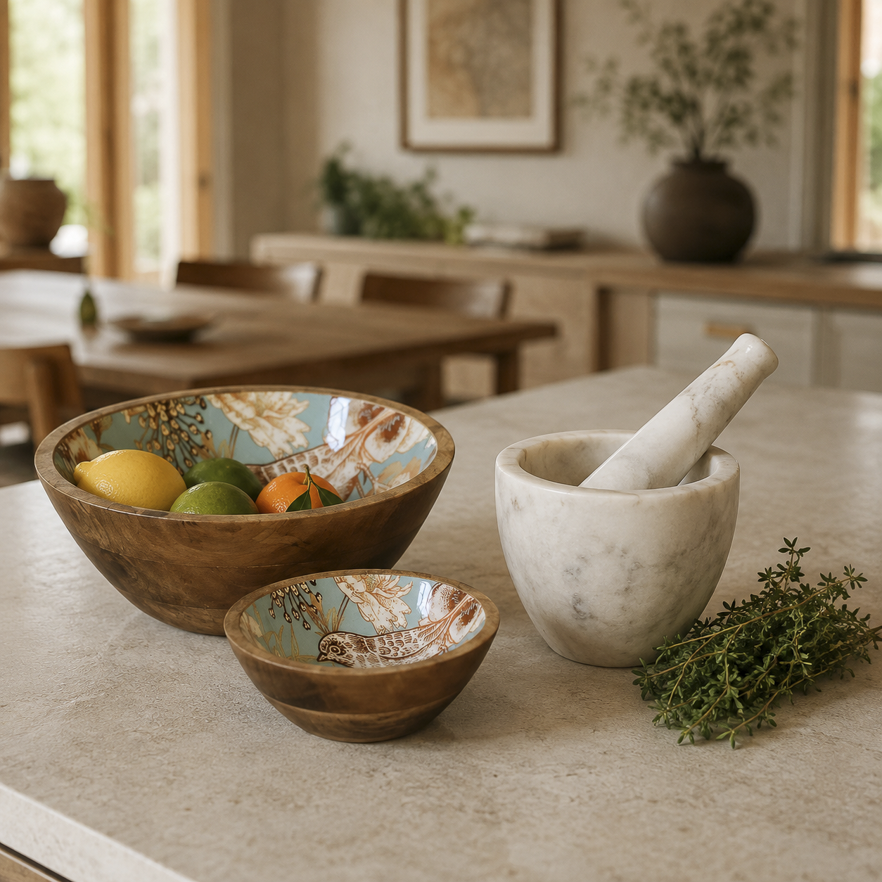 A styled kitchen countertop featuring a large and small hand-painted wooden bowl with a turquoise and beige bird design, a white marble mortar and pestle, and fresh herbs, with a blurred dining room in the background.