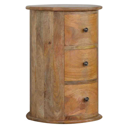 3 Drawer Drum Chest by Maple Manor solid wood bedside cabinet in honey brown with three drawers and round knobs