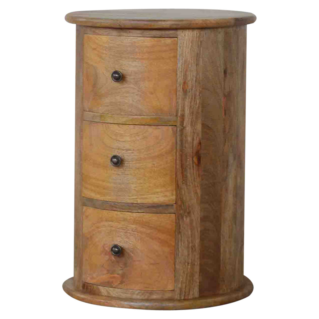 3 Drawer Drum Chest by Maple Manor in light brown mango wood with three drawer fronts and round knobs