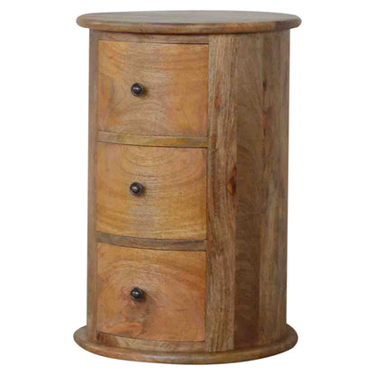 3 Drawer Drum Chest by Maple Manor in light brown mango wood with three drawer fronts and round knobs