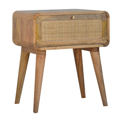 Bedside Close-knit Maple Manor bedside table in solid wood with woven rattan drawer front and brass knob