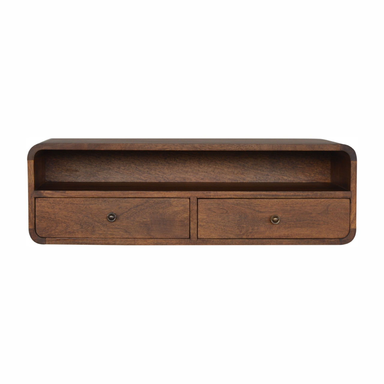 Floating Console Chestnut Open by Maple Manor console table in chestnut wood with open shelf and two drawers
