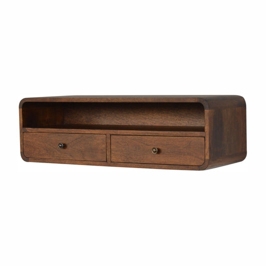 Floating Console Chestnut Open Maple Manor console table in solid wood with two drawers and open shelf