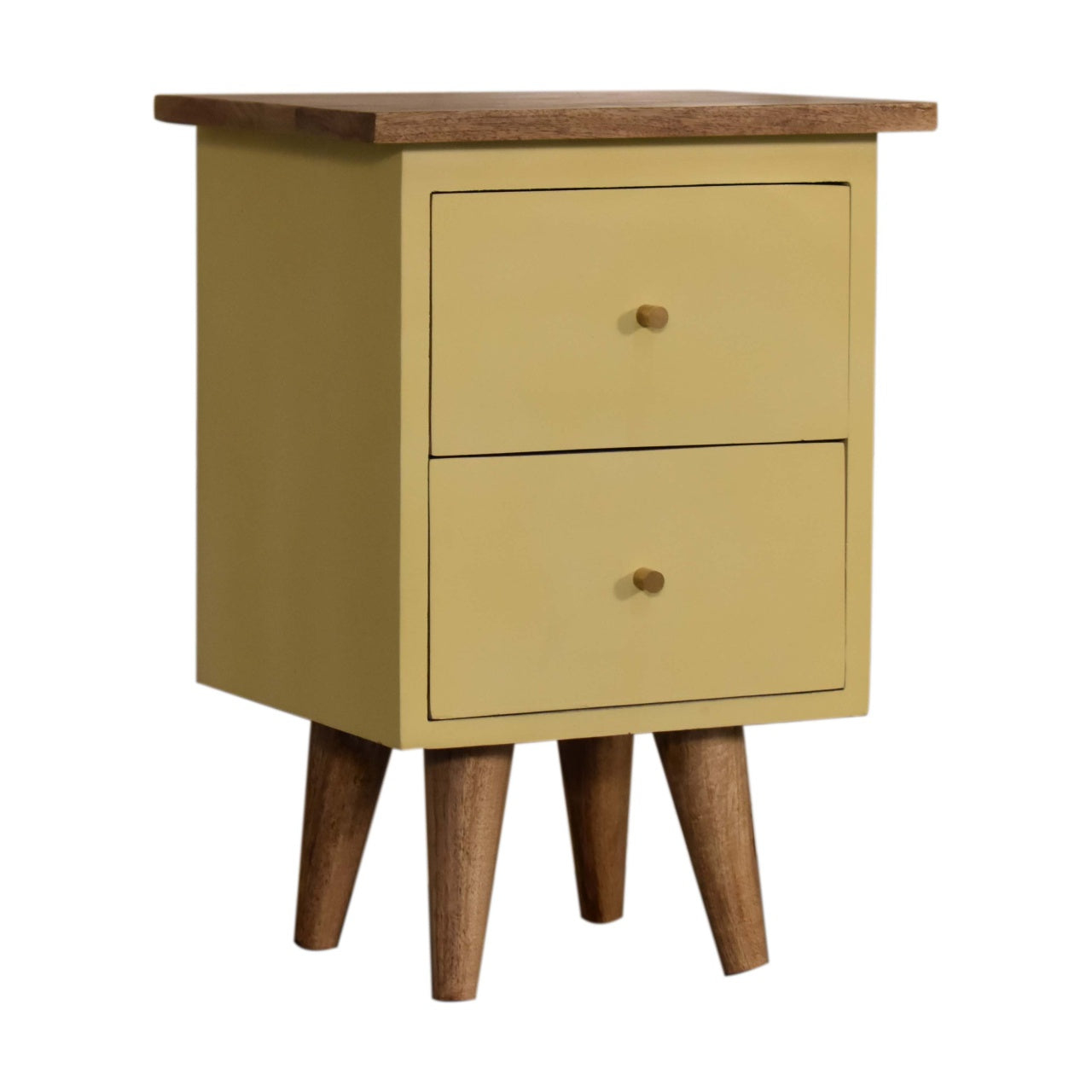 Hand Painted Bedside yellow Maple Manor bedside table in solid wood with two drawers and round knob details