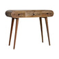 Oak-ish Dressing Table Round by Maple Manor, solid wood vanity with three drawers and dark knob hardware.
