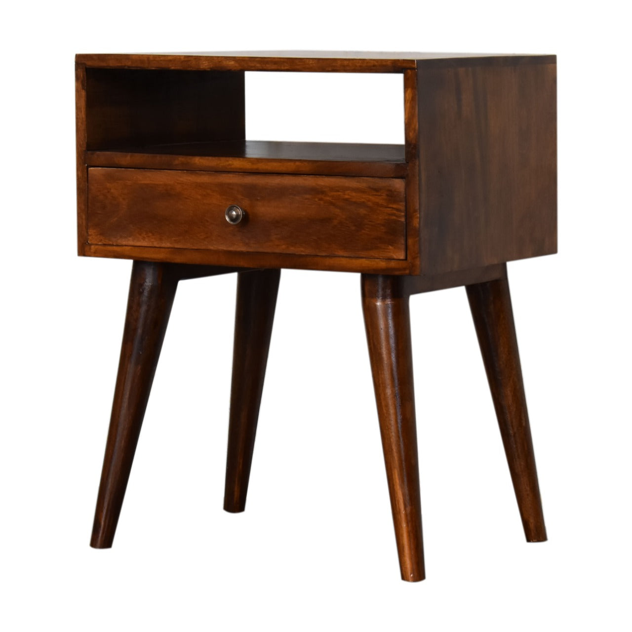 Chestnut Bedside Modern Solid Wood Maple Manor bedside table in chestnut wood with solid wood drawer and open shelf