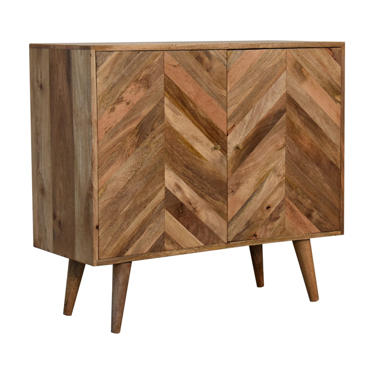 Cabinet Muna by Maple Manor storage cabinet in solid wood with geometric chevron doors and tapered legs