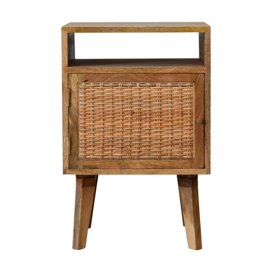 Bedside Knit Door by Maple Manor bedside table in solid wood with woven cabinet door and open shelf