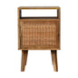 Bedside Knit Door by Maple Manor bedside table in solid wood with woven cabinet door and open shelf