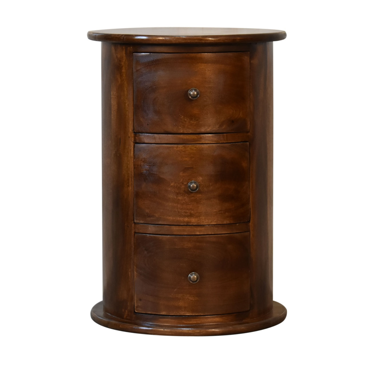 3 Drawer Chestnut Drum by Maple Manor bedside chest with three drawers in chestnut wood and round metal knob pulls