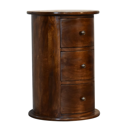 3 Drawer Chestnut Drum by Maple Manor solid wood bedside table in chestnut brown with three drawers and round pulls