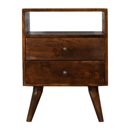 Chestnut Bedside Classic by Maple Manor solid wood bedside table with two drawers and open shelf, visible grain