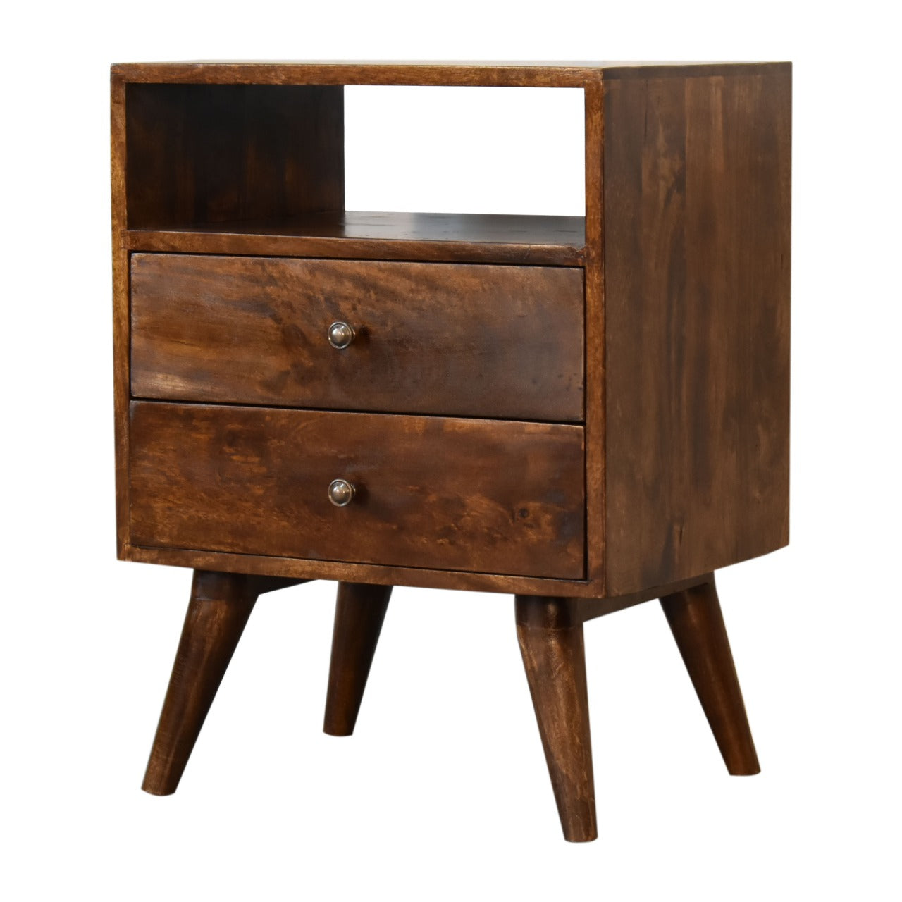 Chestnut Bedside Classic Maple Manor bedside table in solid wood with two drawers and open shelf, chestnut brown.