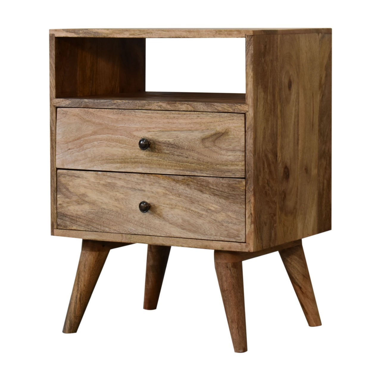 Oak-ish Bedside Classic by Maple Manor bedside table in solid wood with drawer and open shelf, dark knobs.