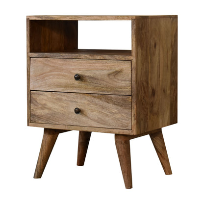 Oak-ish Bedside Classic by Maple Manor bedside table in solid wood with drawer and open shelf, dark knobs.