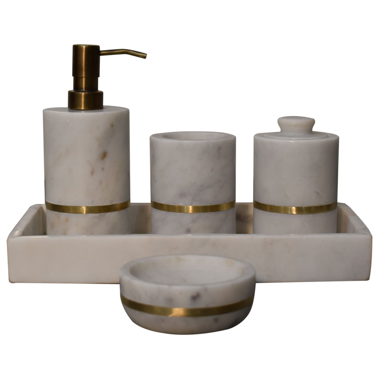 Brass Inlay Bathroom Set of 5 by Maple Manor with white marble-style stone and gold brass accents