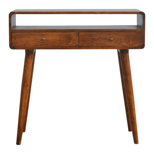 Chestnut Console Table Curved by Maple Manor in solid wood with two drawers and curved front.