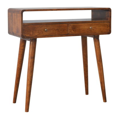 Chestnut Console Table Curved by Maple Manor, solid wood console table with two drawer fronts and curved frame